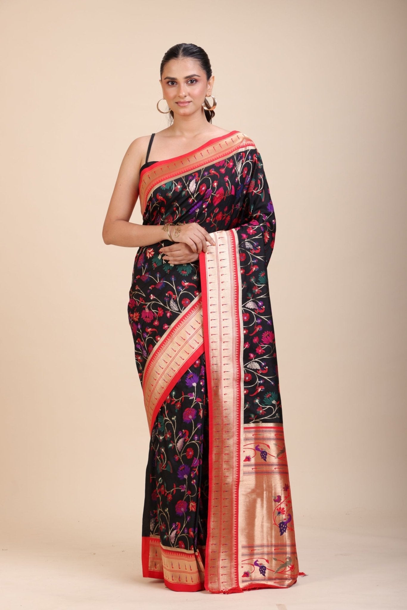 Black and Red Pathani Silk Saree - Anvi Couture