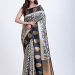 Black and While Printed Silk Saree Full