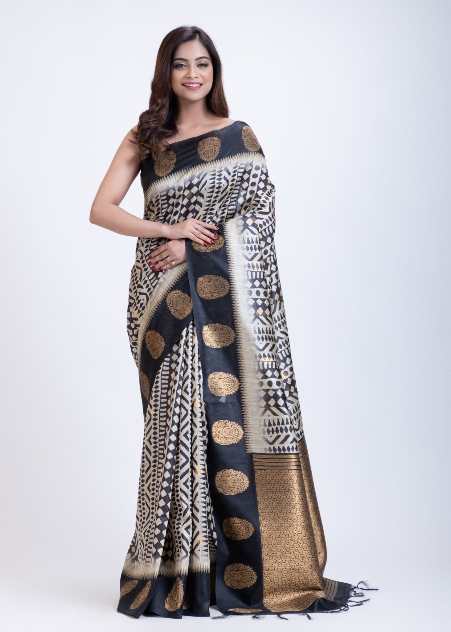 Black and While Printed Silk Saree - Anvi Couture