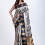 Black and While Printed Silk Saree Front