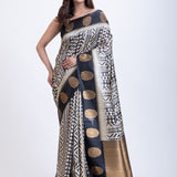 Black and While Printed Silk Saree Front