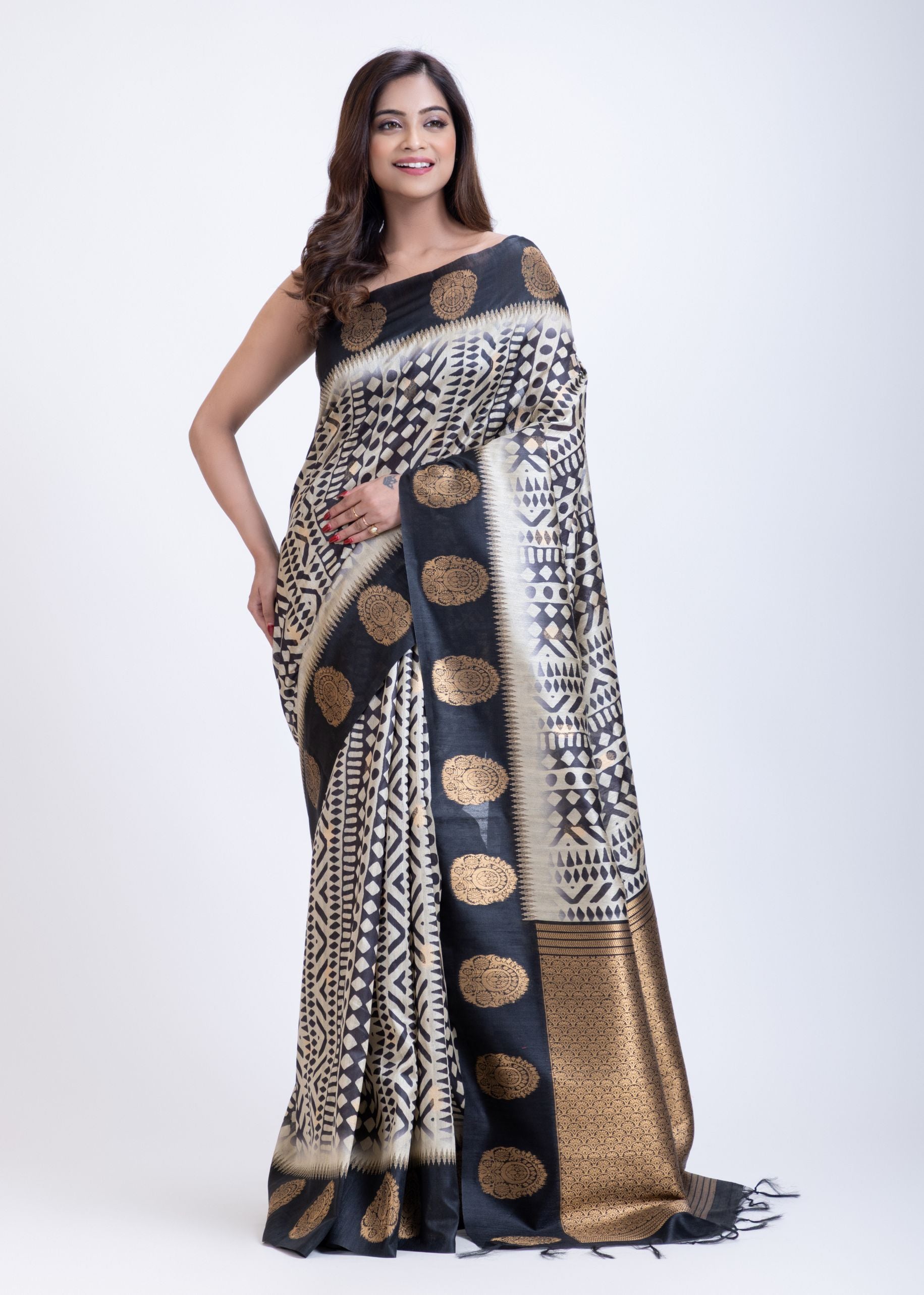 Black and While Printed Silk Saree Front