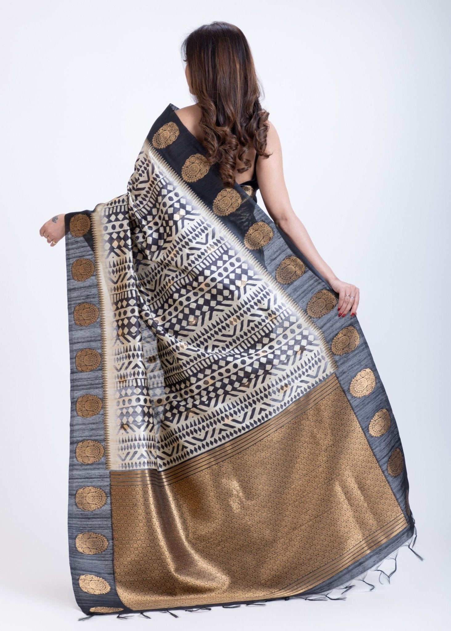 Black and While Printed Silk Saree - Anvi Couture