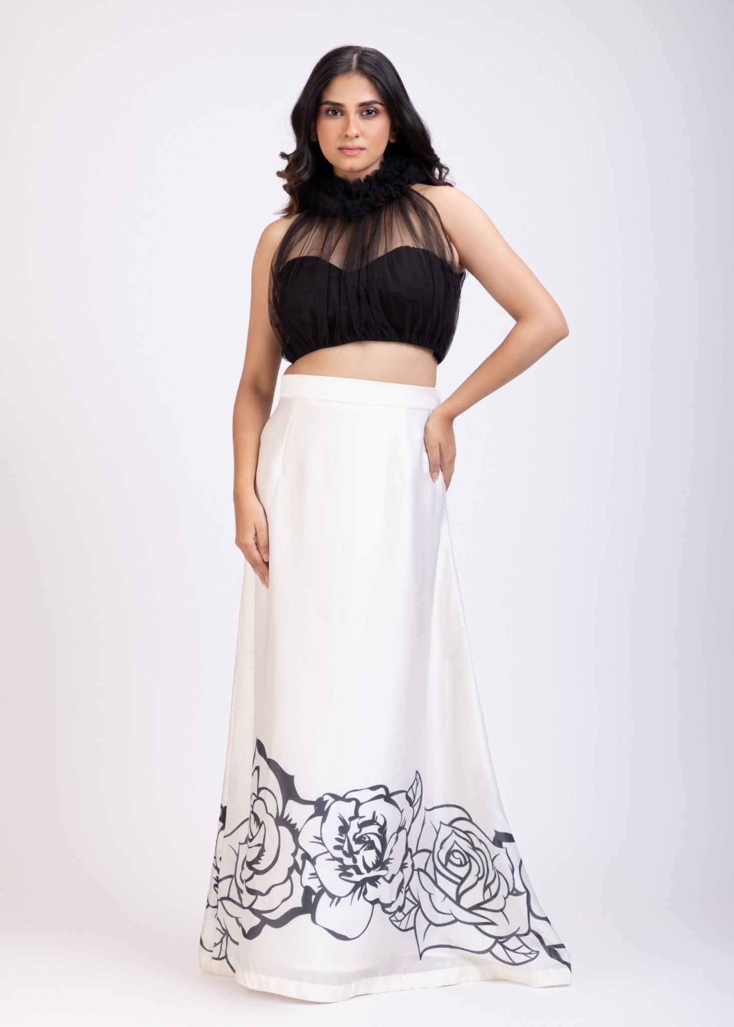 Black and White Crop Top Lehenga Set - Anvi Couture