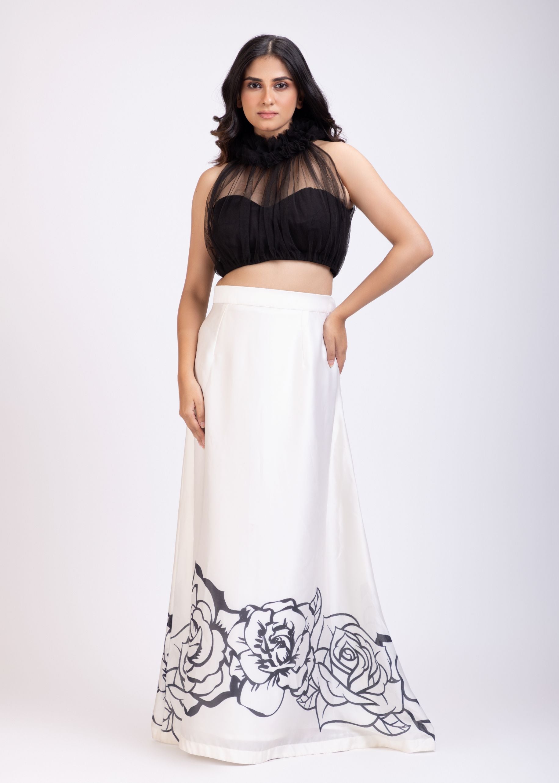 Black and White Crop Top Lehenga Set Full