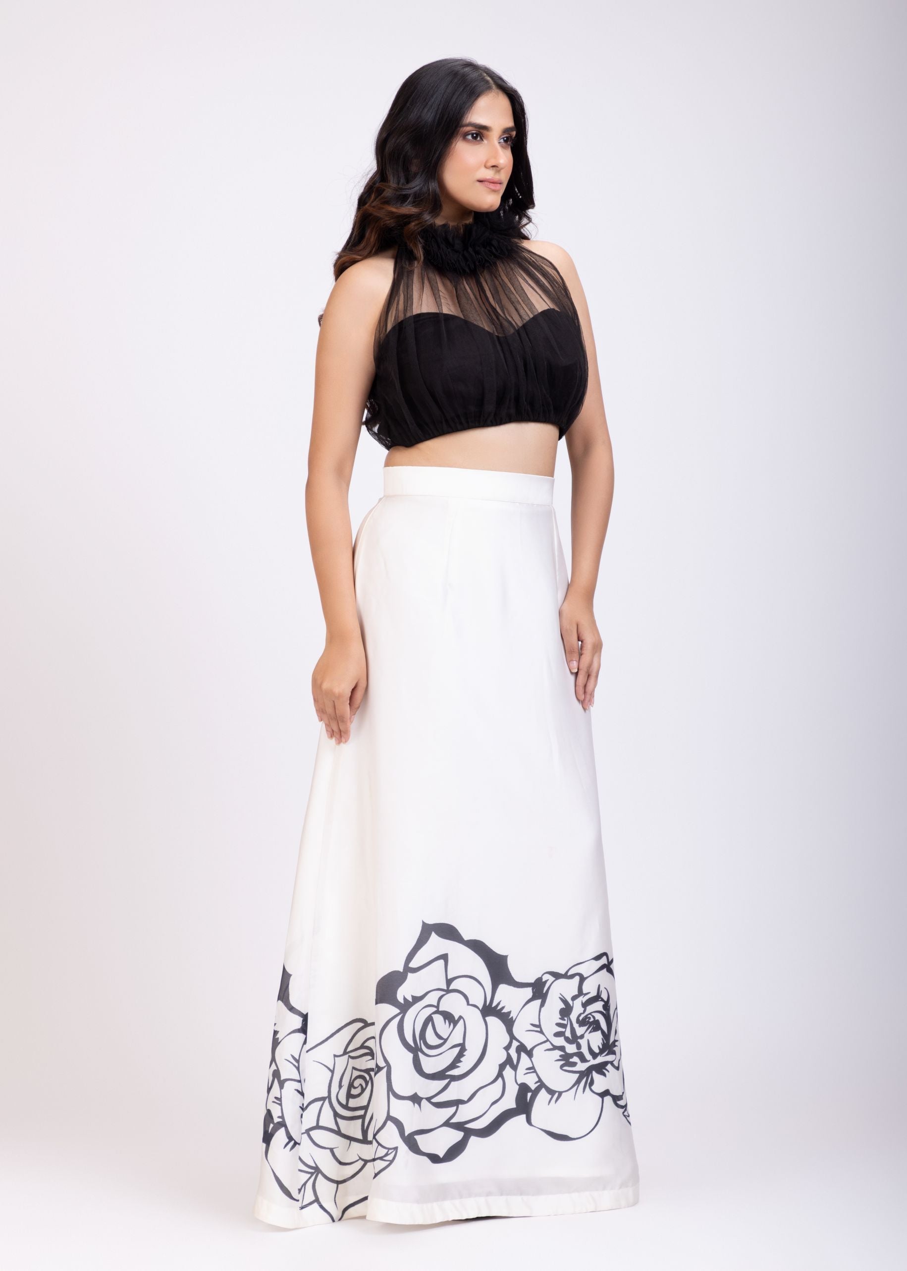 Black and White Crop Top Lehenga Set Side