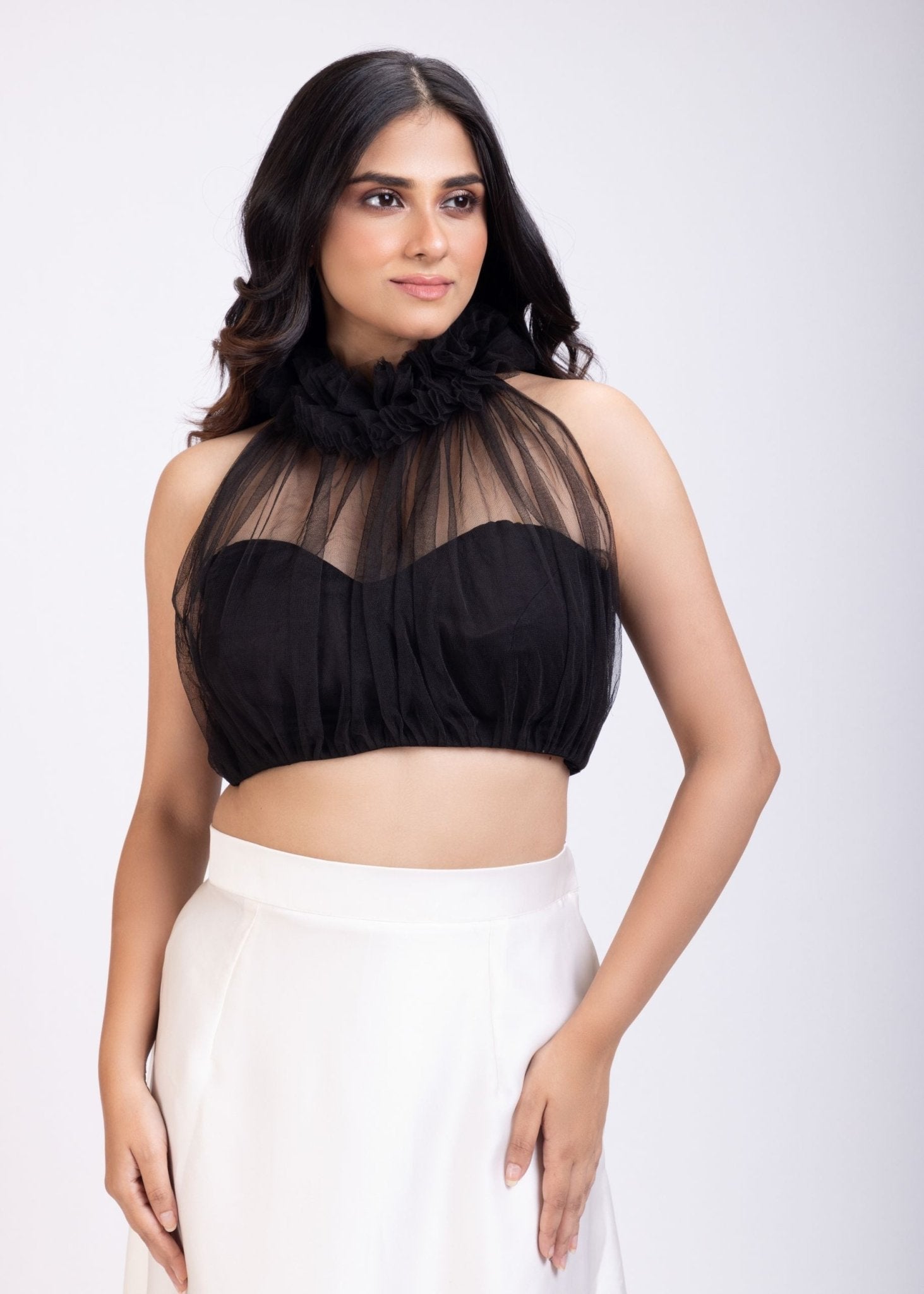 Black and White Crop Top Lehenga Set - Anvi Couture