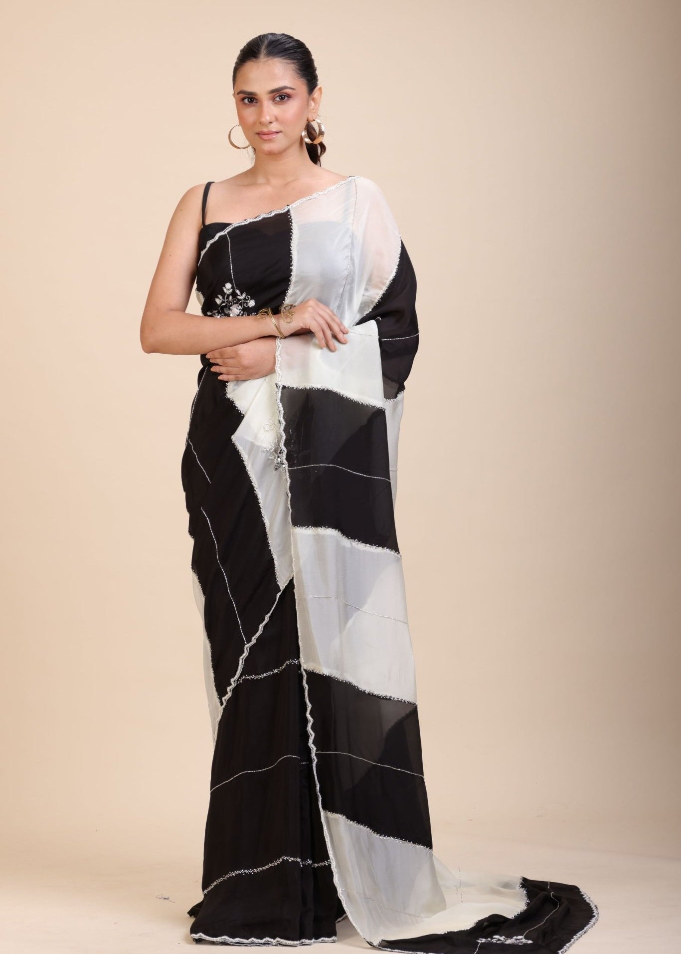 Black and White Designer Embroidered Saree - Anvi Couture