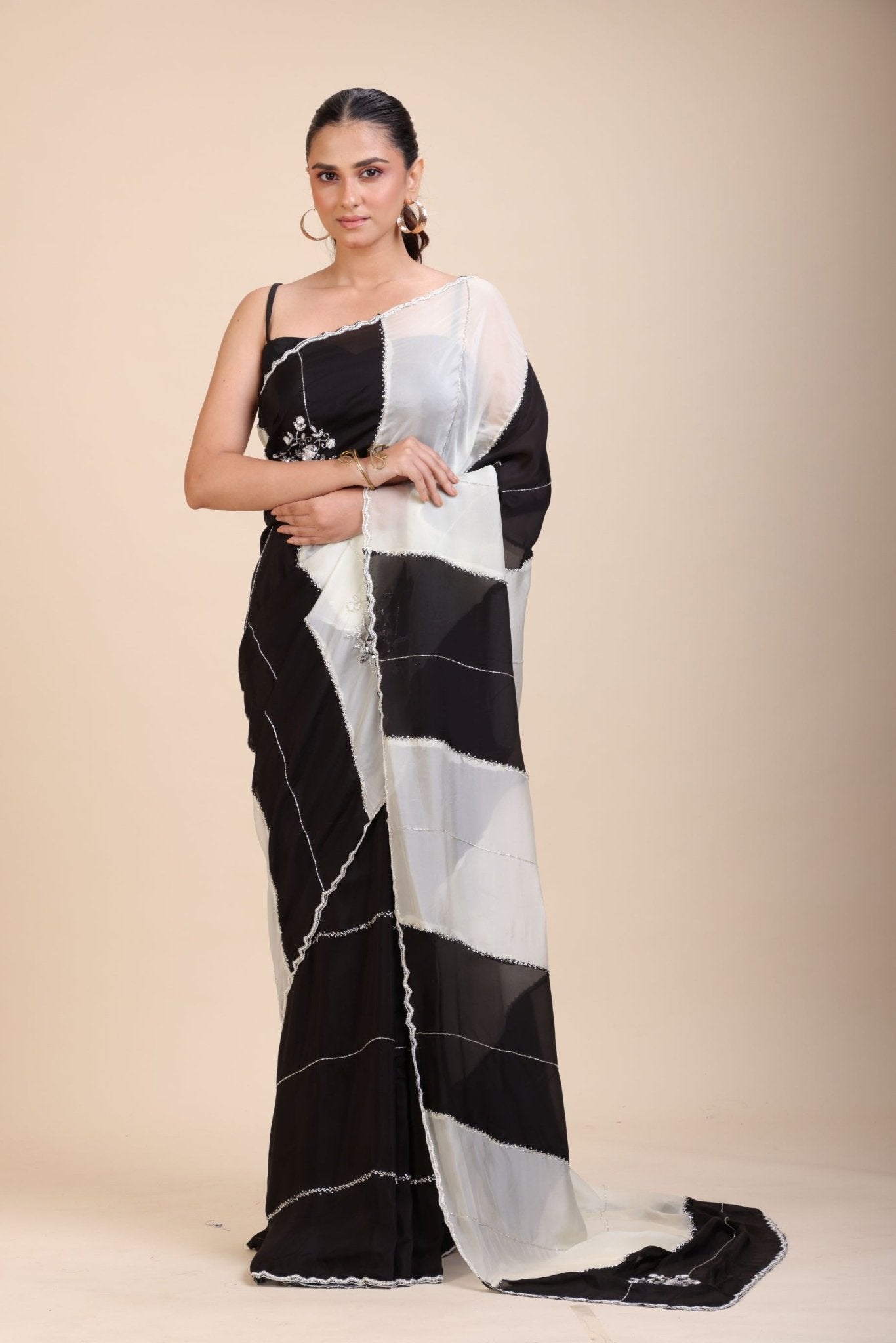 Black and White Designer Embroidered Saree - Anvi Couture