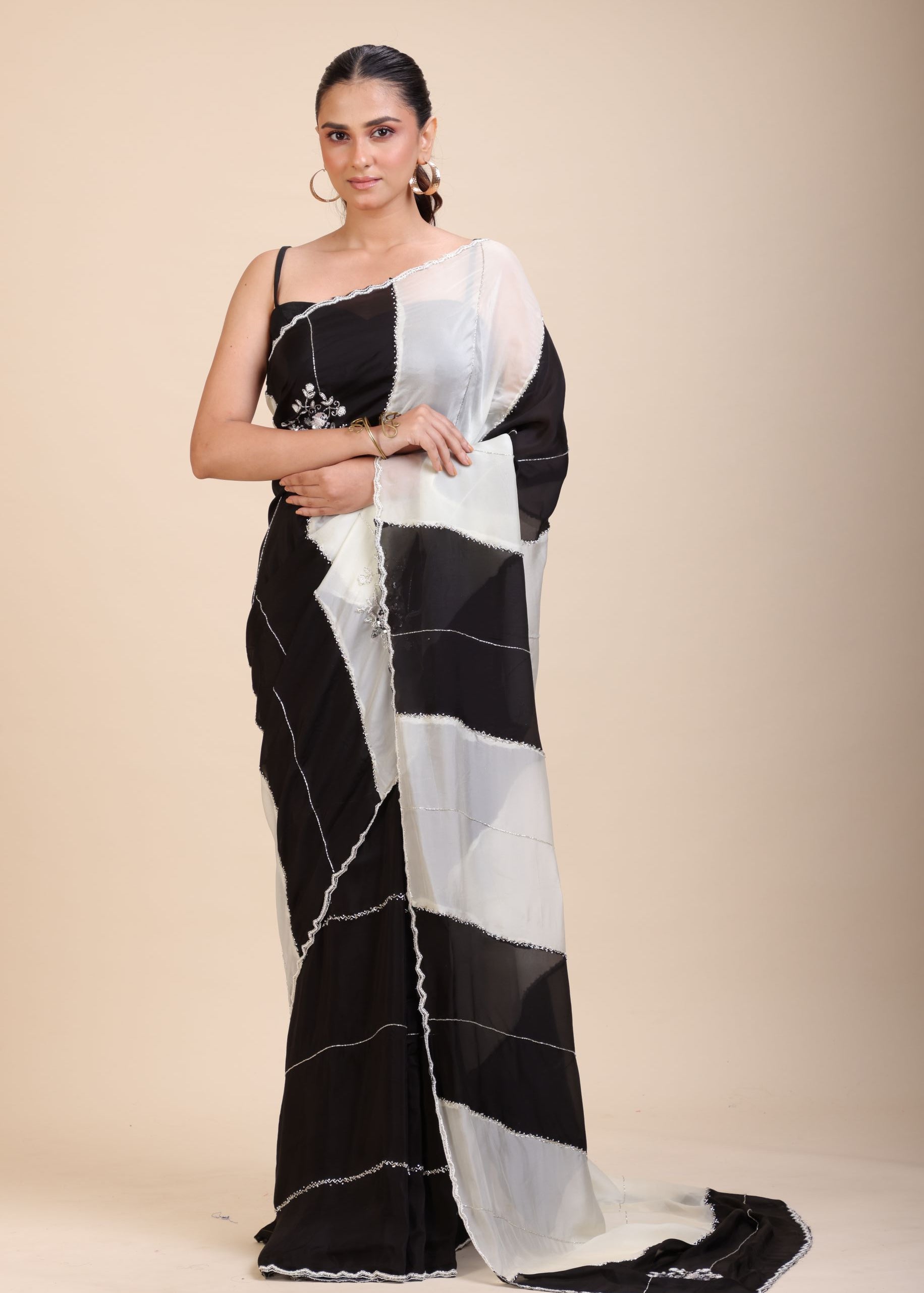 Black and White Designer Embroidered Saree Full
