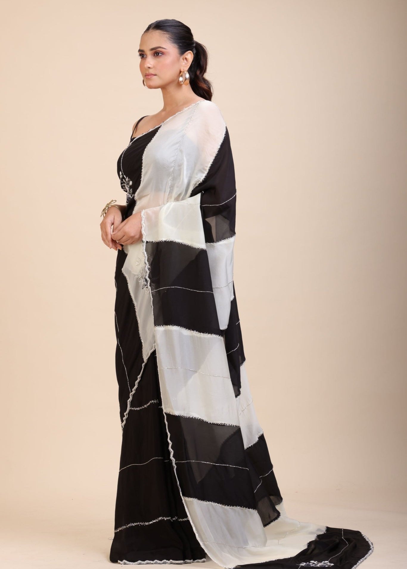 Black and White Designer Embroidered Saree - Anvi Couture