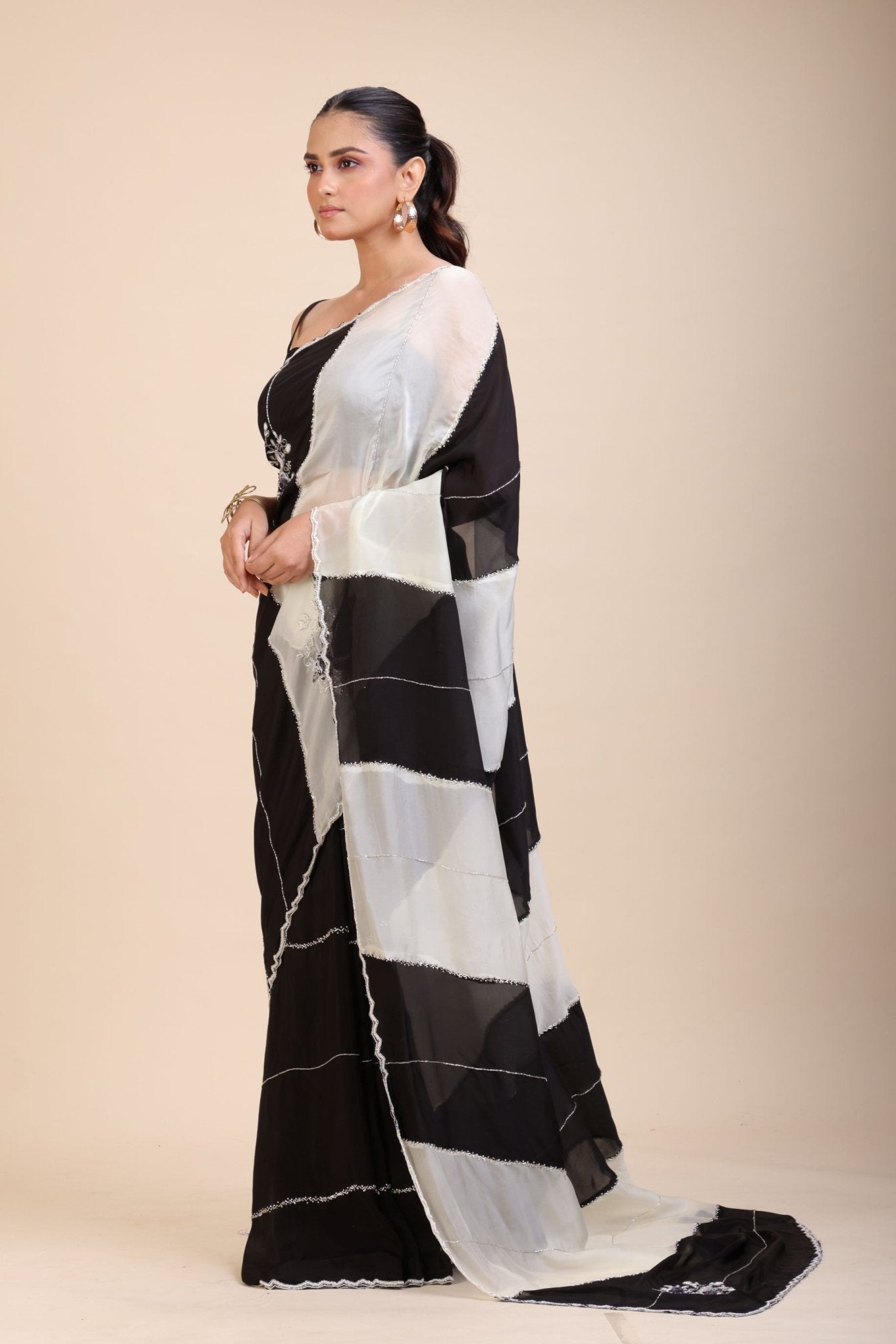 Black and White Designer Embroidered Saree - Anvi Couture