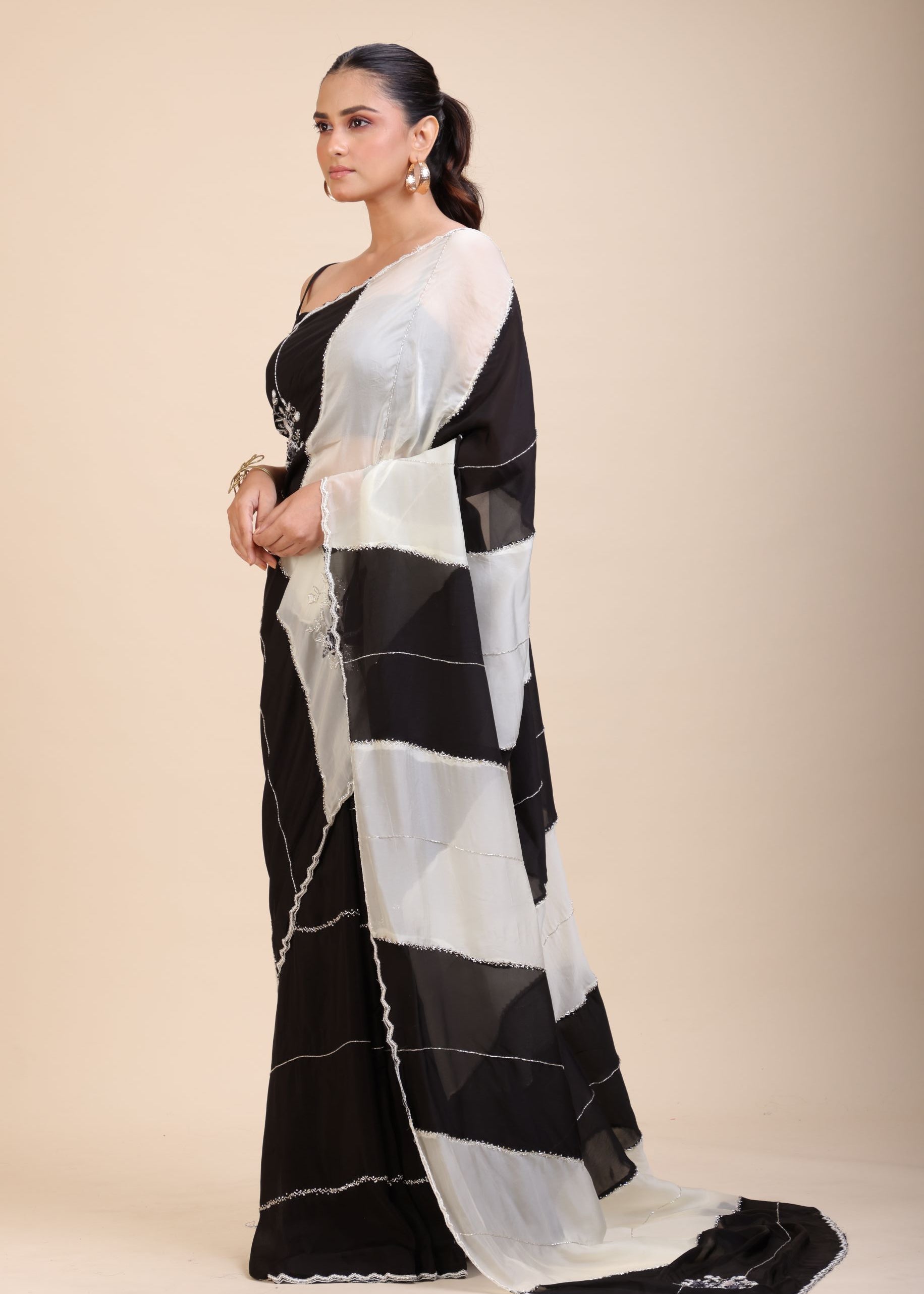 Black and White Designer Embroidered Saree Front
