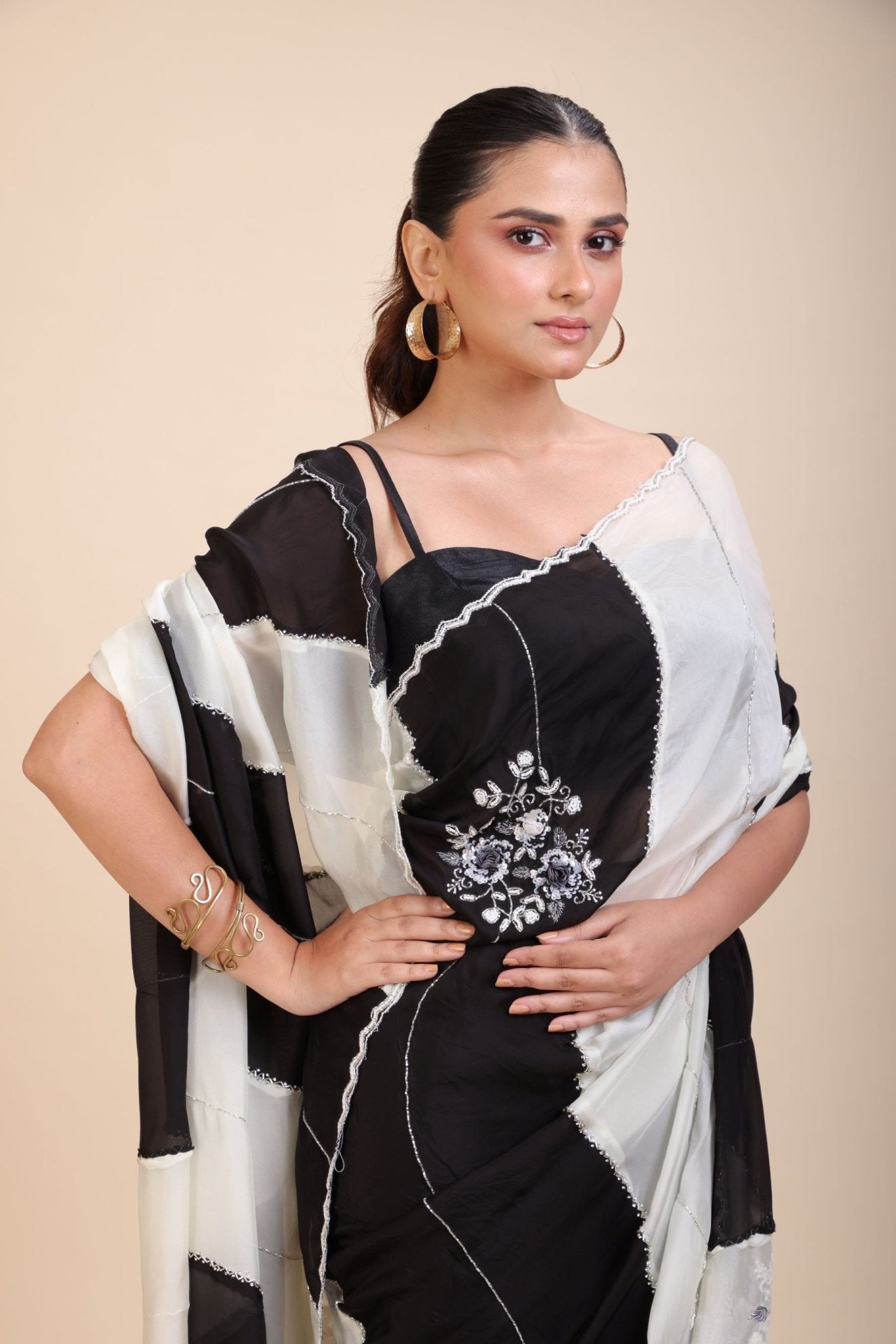Black and White Designer Embroidered Saree - Anvi Couture