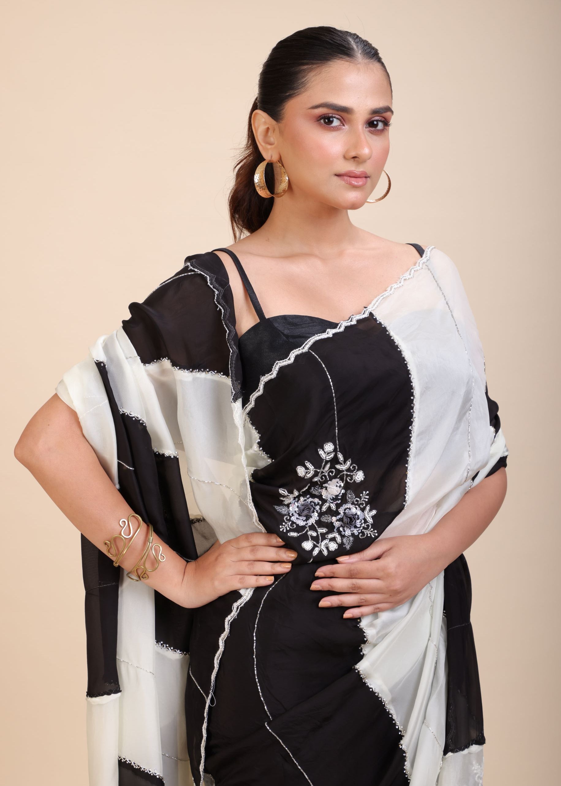 Black and White Designer Embroidered Saree Close Up
