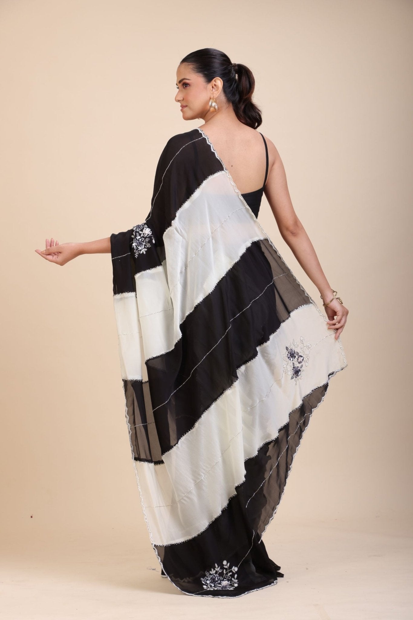 Black and White Designer Embroidered Saree - Anvi Couture