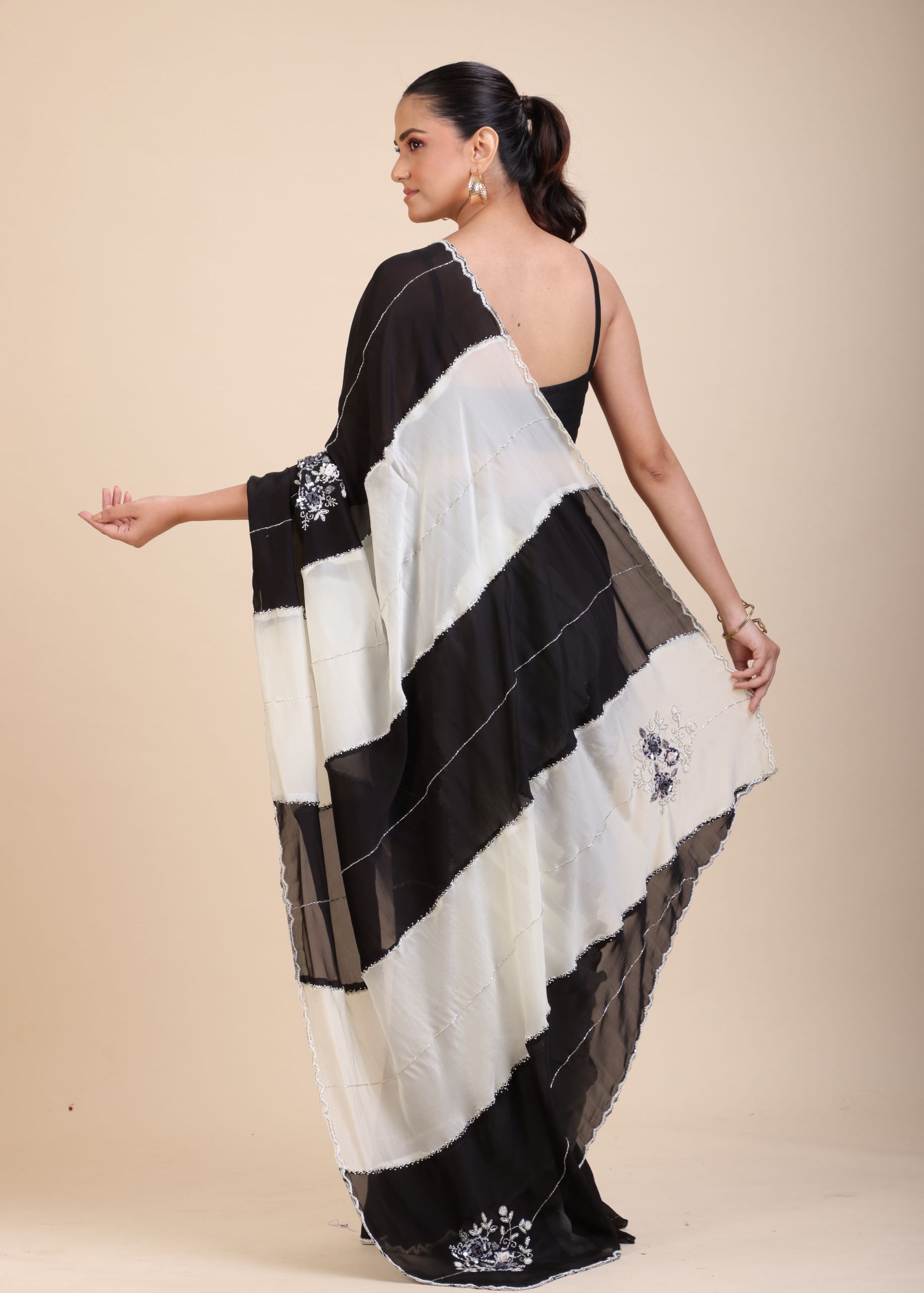 Black and White Designer Embroidered Saree Back
