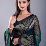 Black and green handwoven Jamdani saree with all-over floral motifs