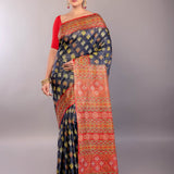 Black and Red Katha Stitch Pure Silk Saree – Embroidery Stitch Detail – Anvi Couture