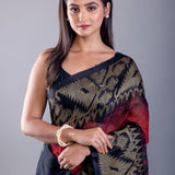Black and red handwoven Tant Jamdani saree with floral motifs