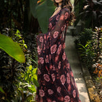 Black georgette saree with rose print — pallu and full drape view, Anvi Couture