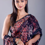Black glass tissue saree floral motif close-up for party wear