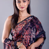 Black glass tissue saree floral motif close-up for party wear