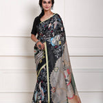 Black pen Kalamkari saree for women in cotton silk