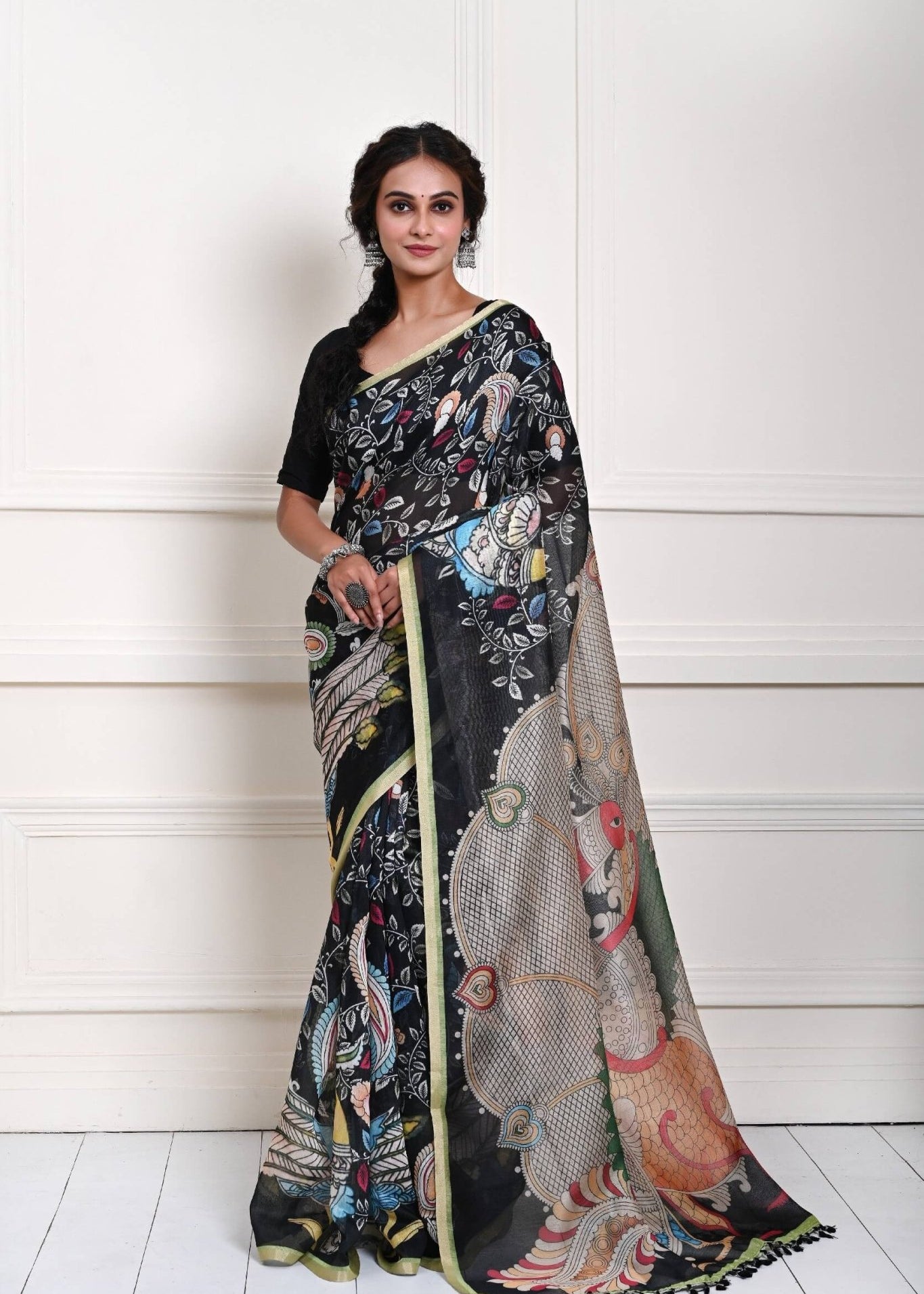 Black pen Kalamkari saree for women in cotton silk