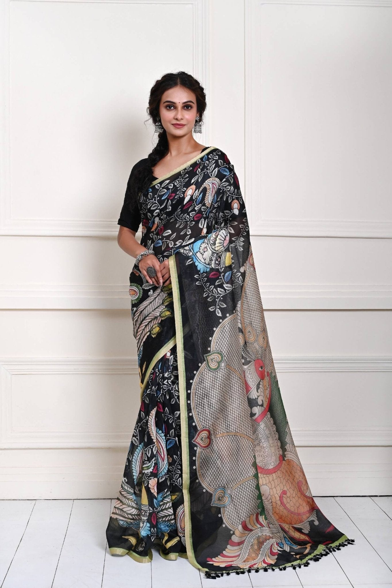 Black pen Kalamkari saree for women in cotton silk