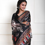 Black printed Kalamkari saree for women in cotton silk