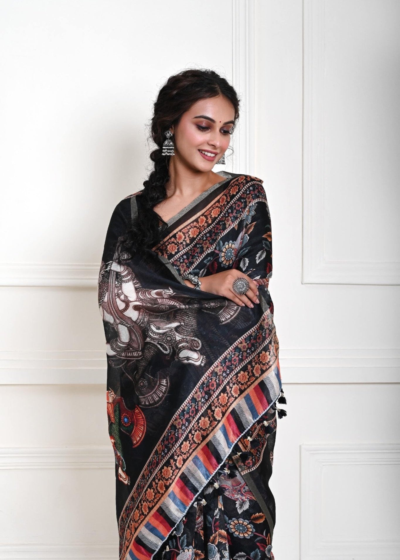 Black printed Kalamkari saree for women in cotton silk