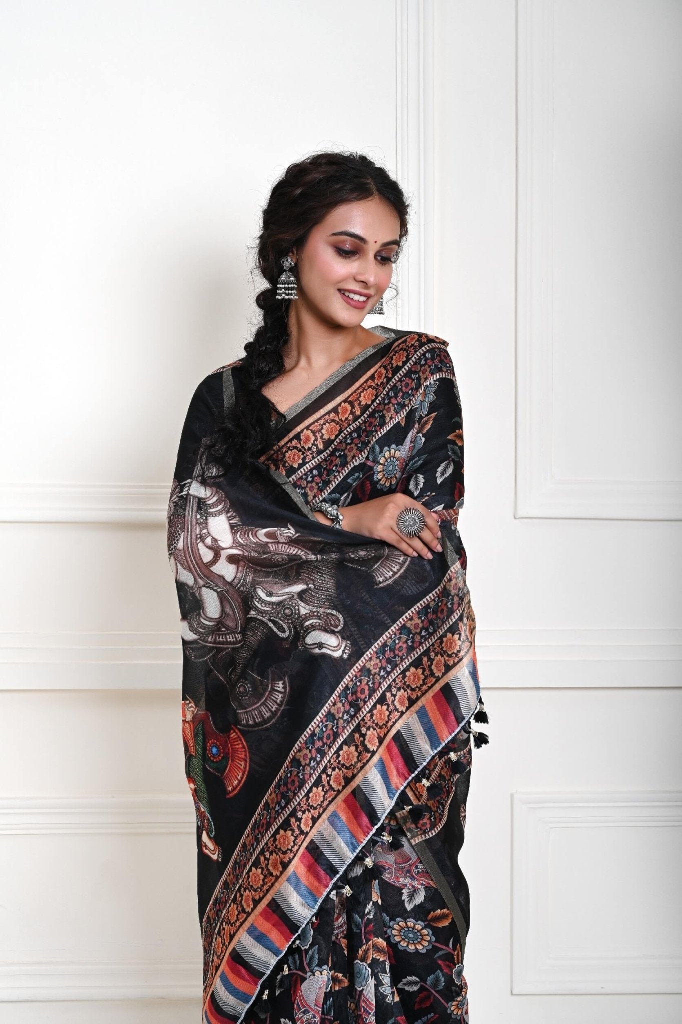 Black printed Kalamkari saree for women in cotton silk