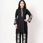 Black rayon co-ord set featuring white floral embroidery for women
