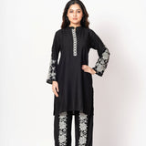 Black rayon co-ord set featuring white floral embroidery for women