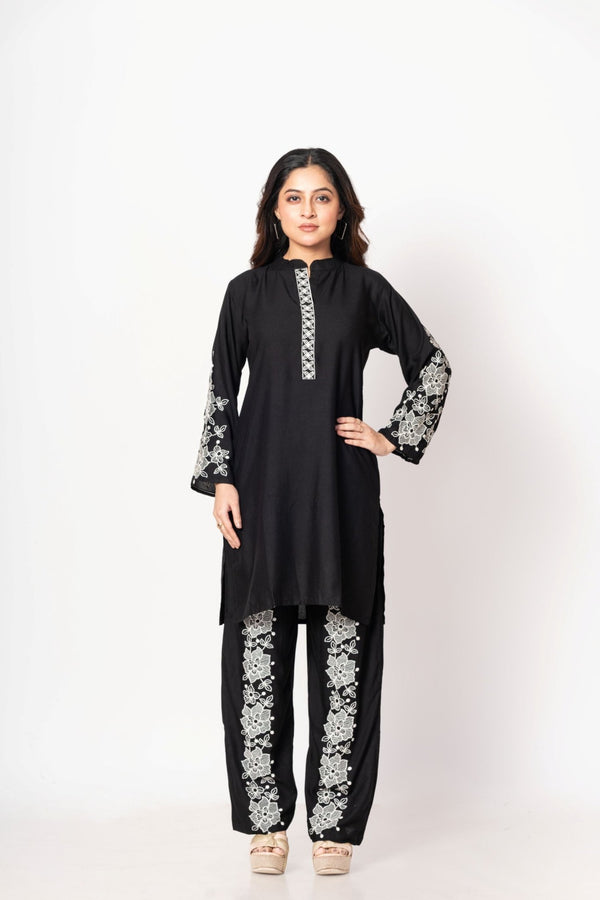 Black rayon co-ord set featuring white floral embroidery for women
