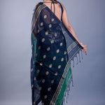 Black saree blouse styled with dark green ombre Tant Jamdani