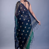 Black saree blouse styled with dark green ombre Tant Jamdani