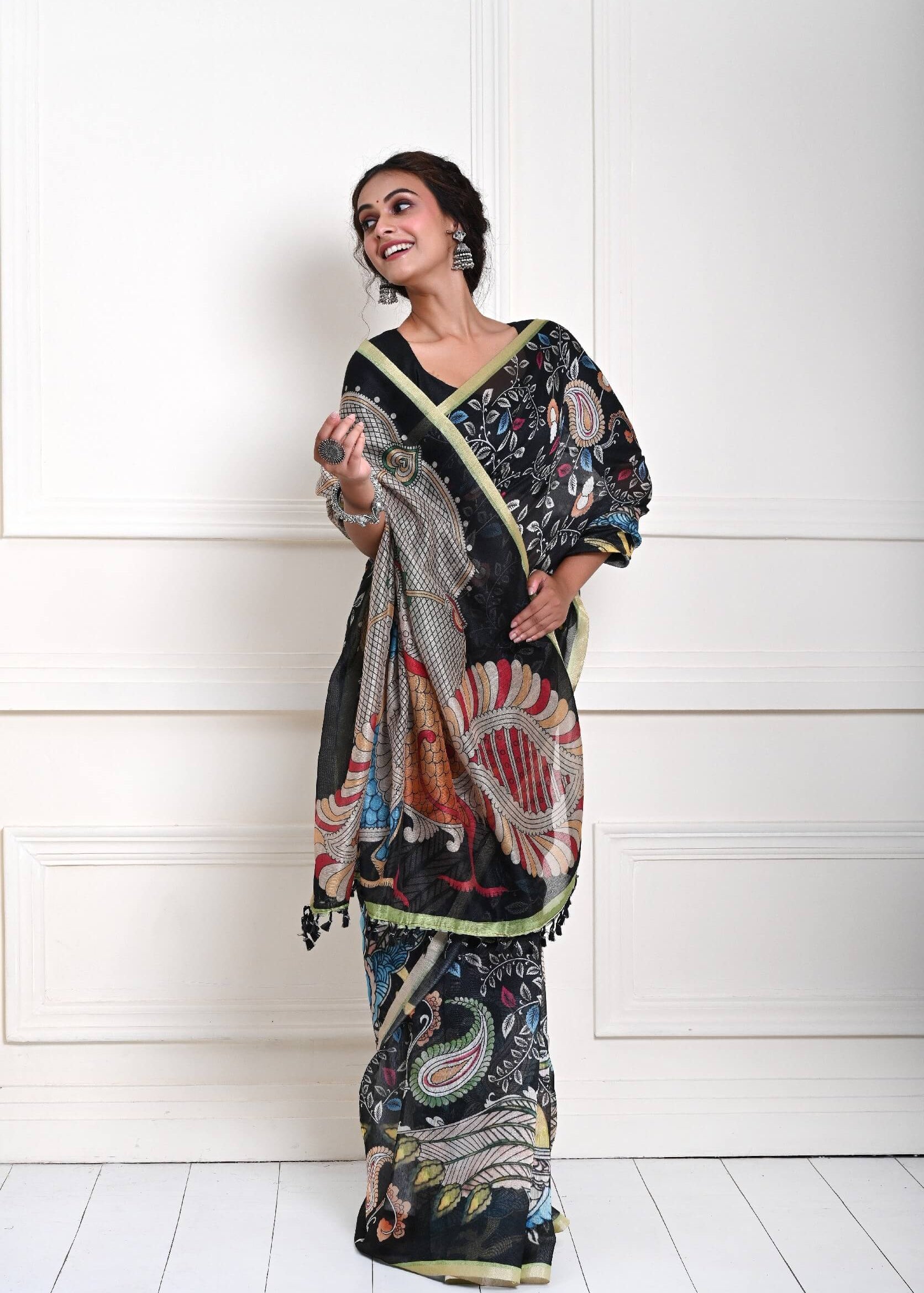 Black saree blouse with pen Kalamkari cotton silk party wear drape