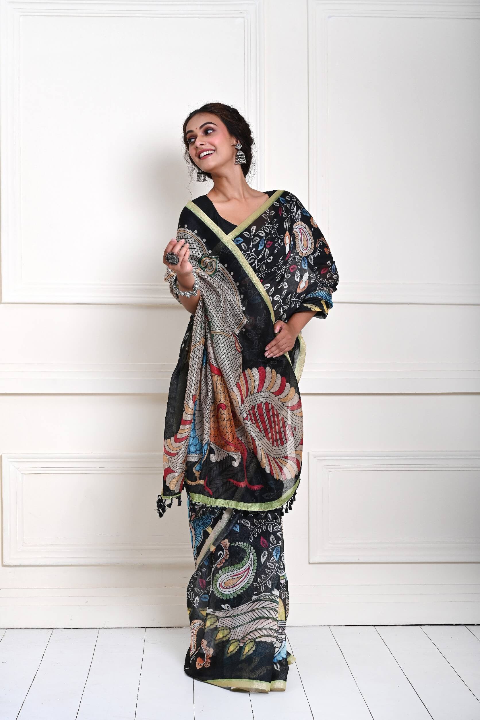 Black saree blouse with pen Kalamkari cotton silk party wear drape