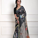 Black saree look with hand-drawn Kalamkari motifs in cotton silk