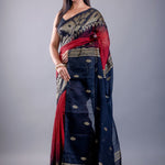 Black saree look with red ombre Jamdani floral motif drape