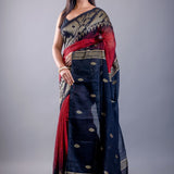 Black saree look with red ombre Jamdani floral motif drape