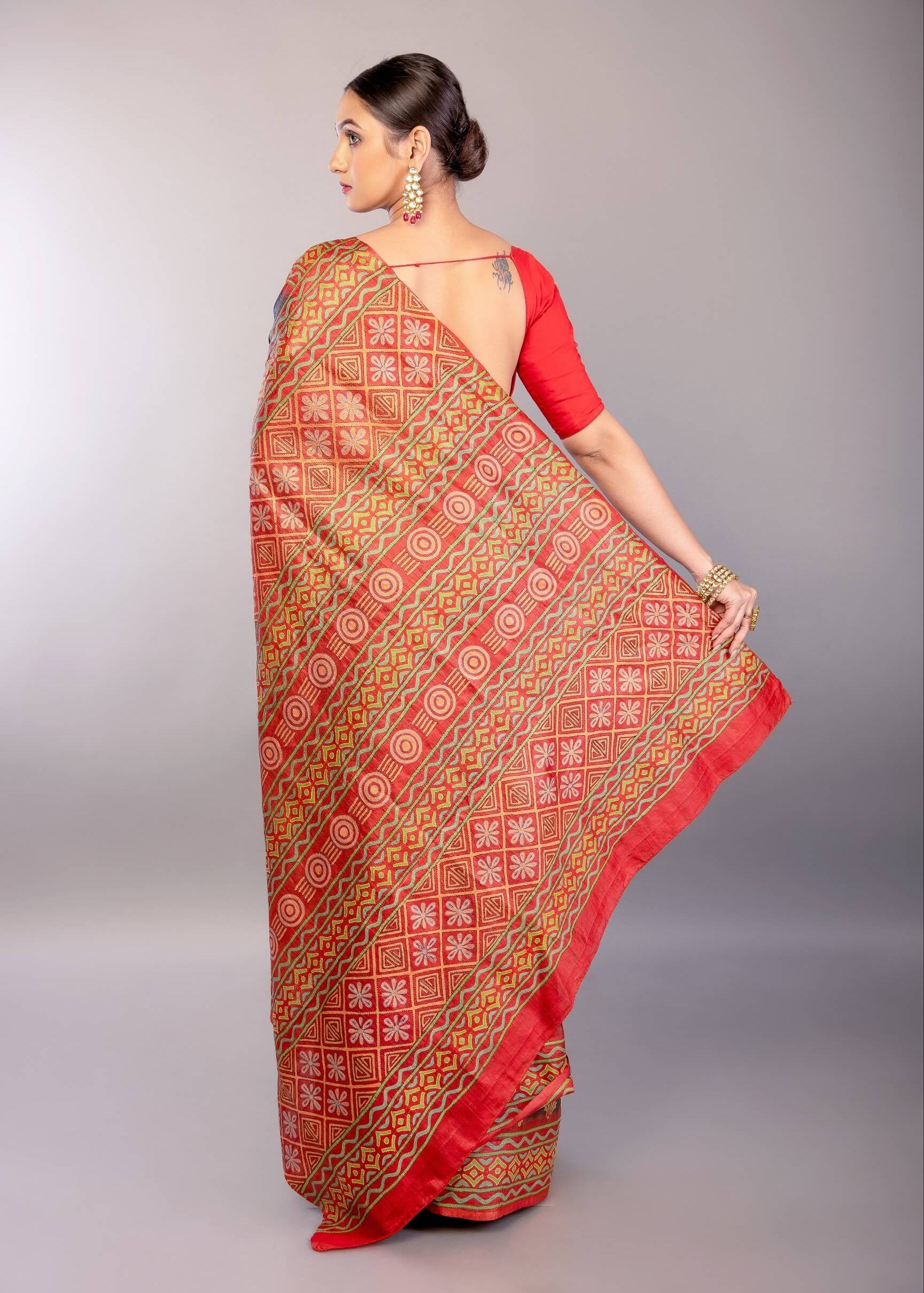 Black saree party wear in pure silk with red Katha stitch detailing