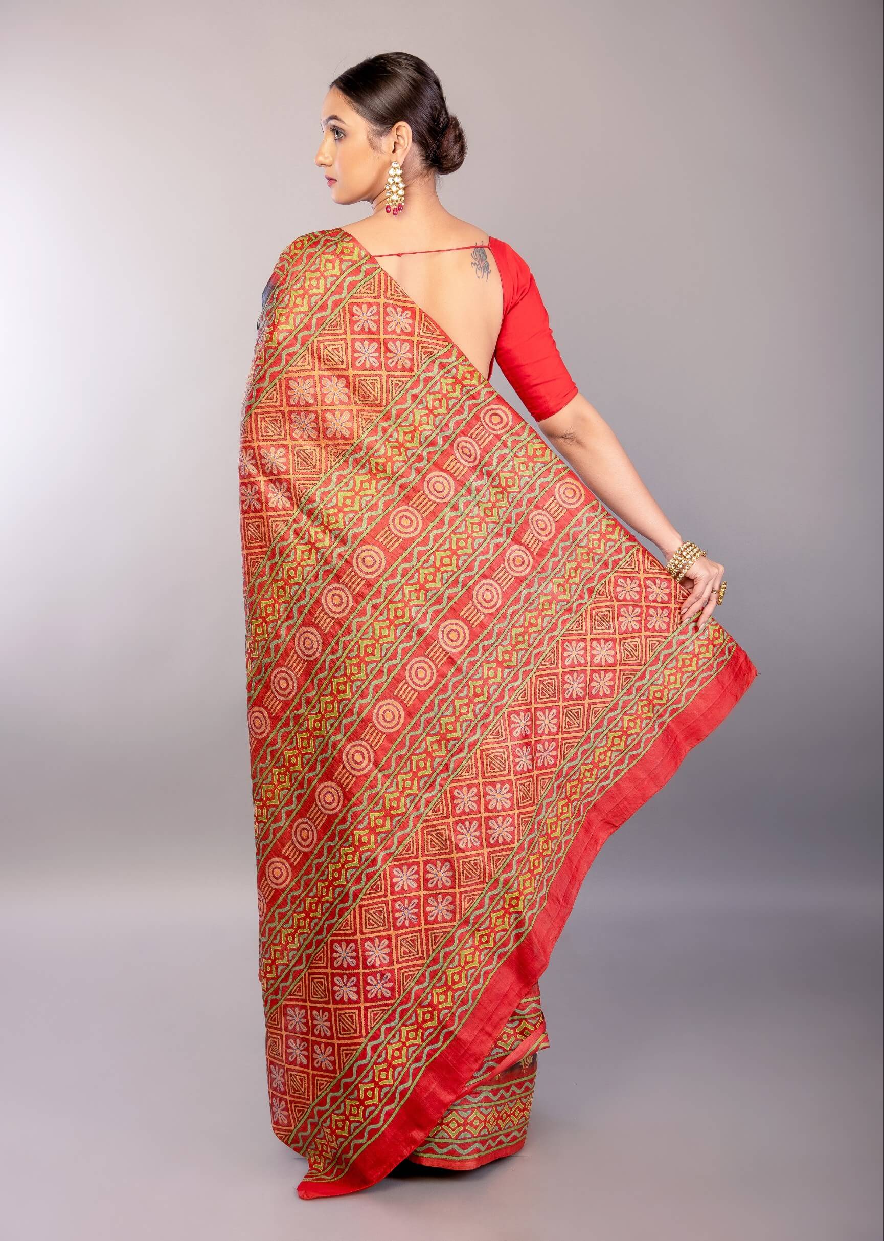 Black saree party wear in pure silk with red Katha stitch detailing