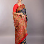 Black silk saree look with red Katha stitch hand embroidery