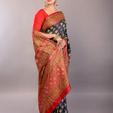 Black silk saree look with red Katha stitch hand embroidery