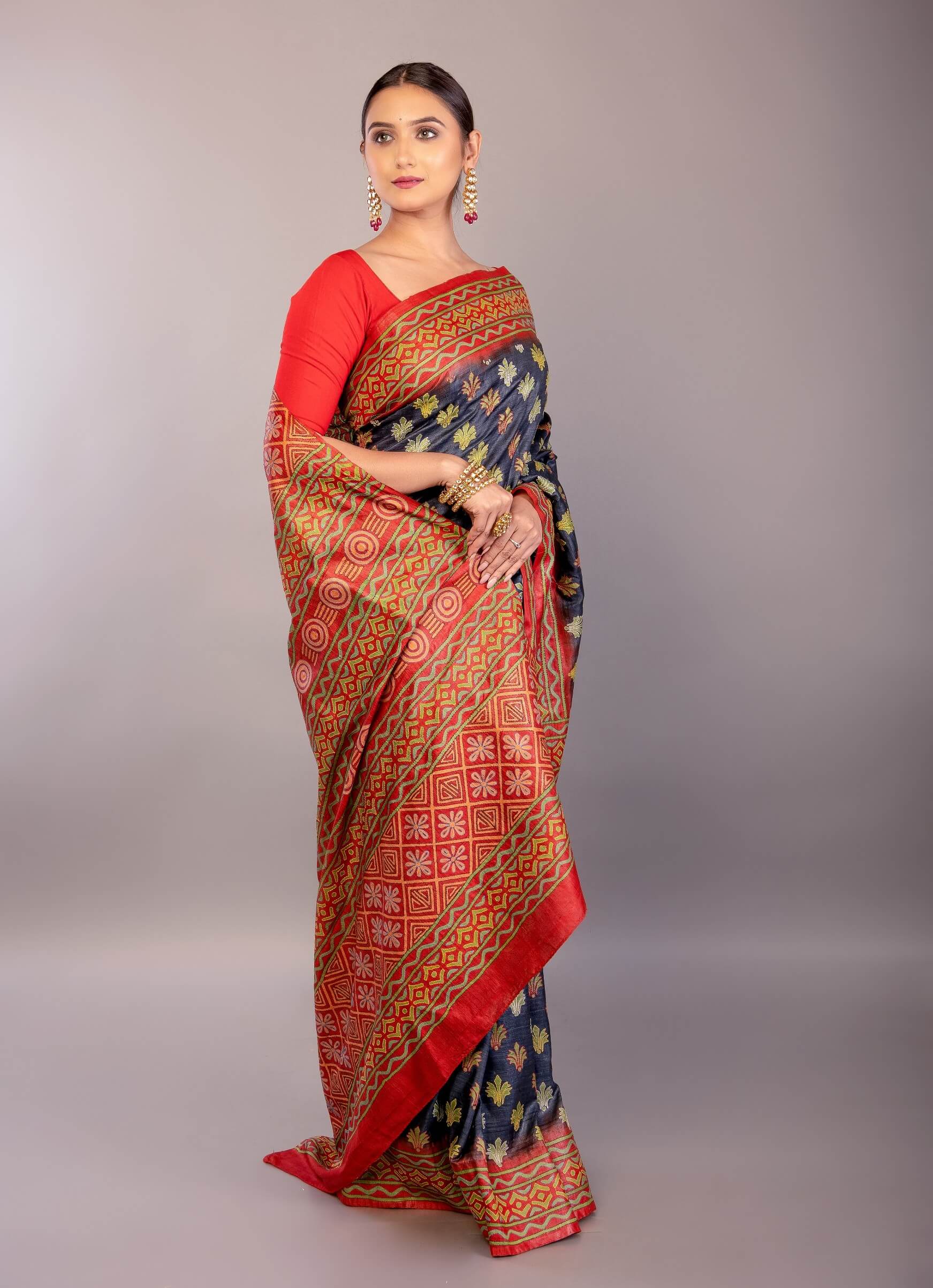 Black silk saree look with red Katha stitch hand embroidery
