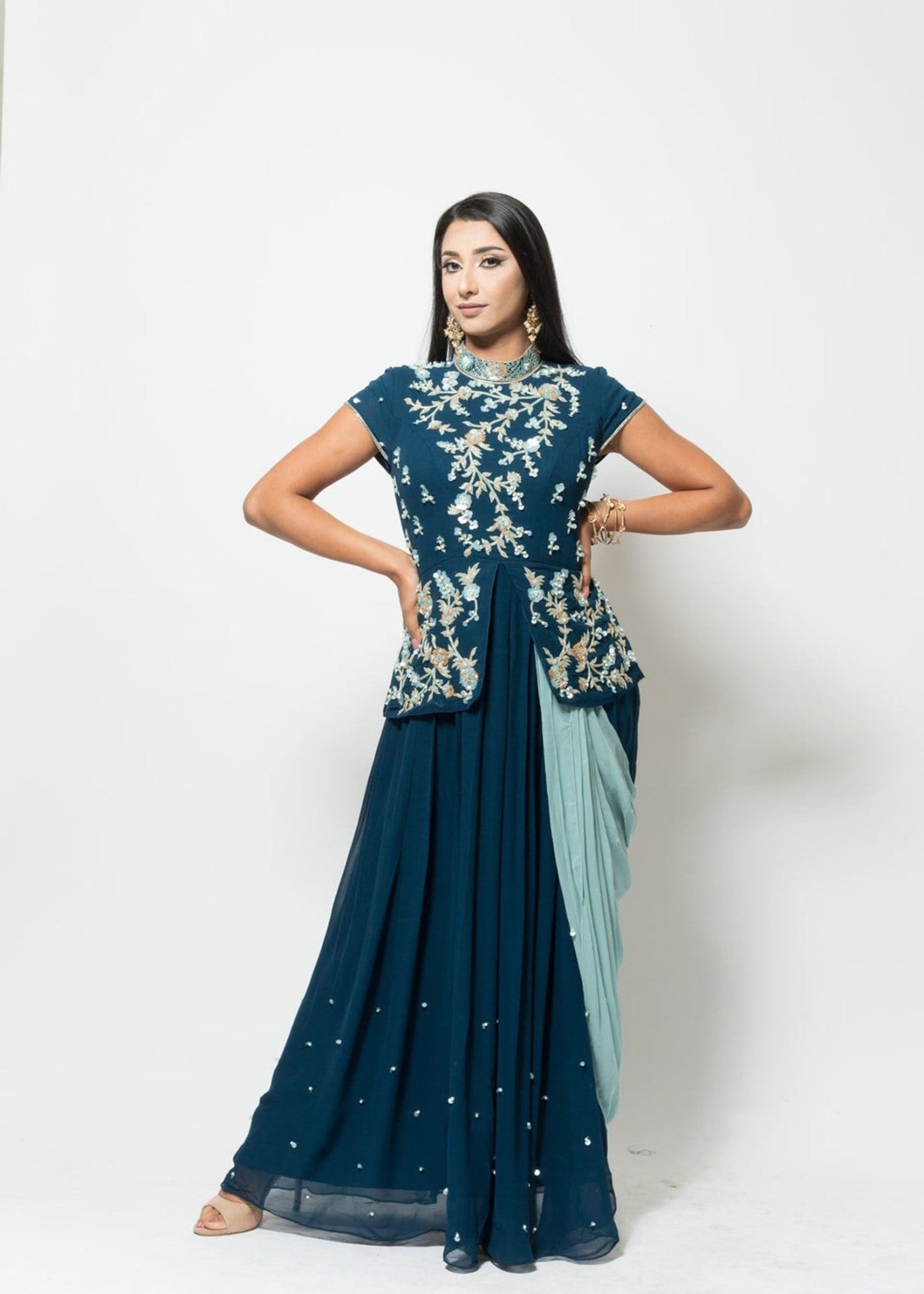 Blue Designer Drape Dress - Anvi Couture