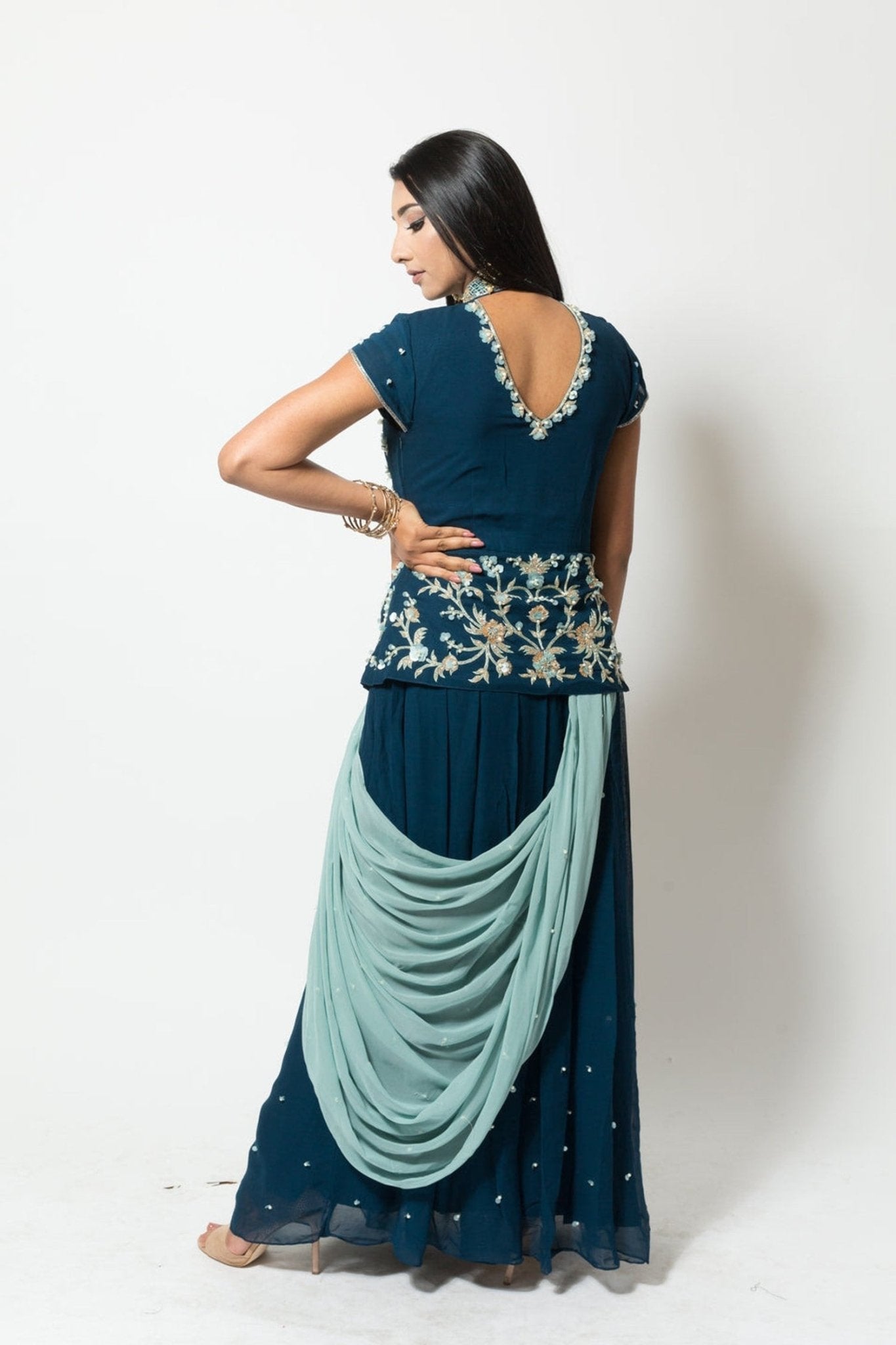 Blue Designer Drape Dress - Anvi Couture